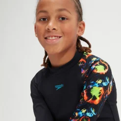 Boys' Printed Long Sleeve Rash Top Black/Blue