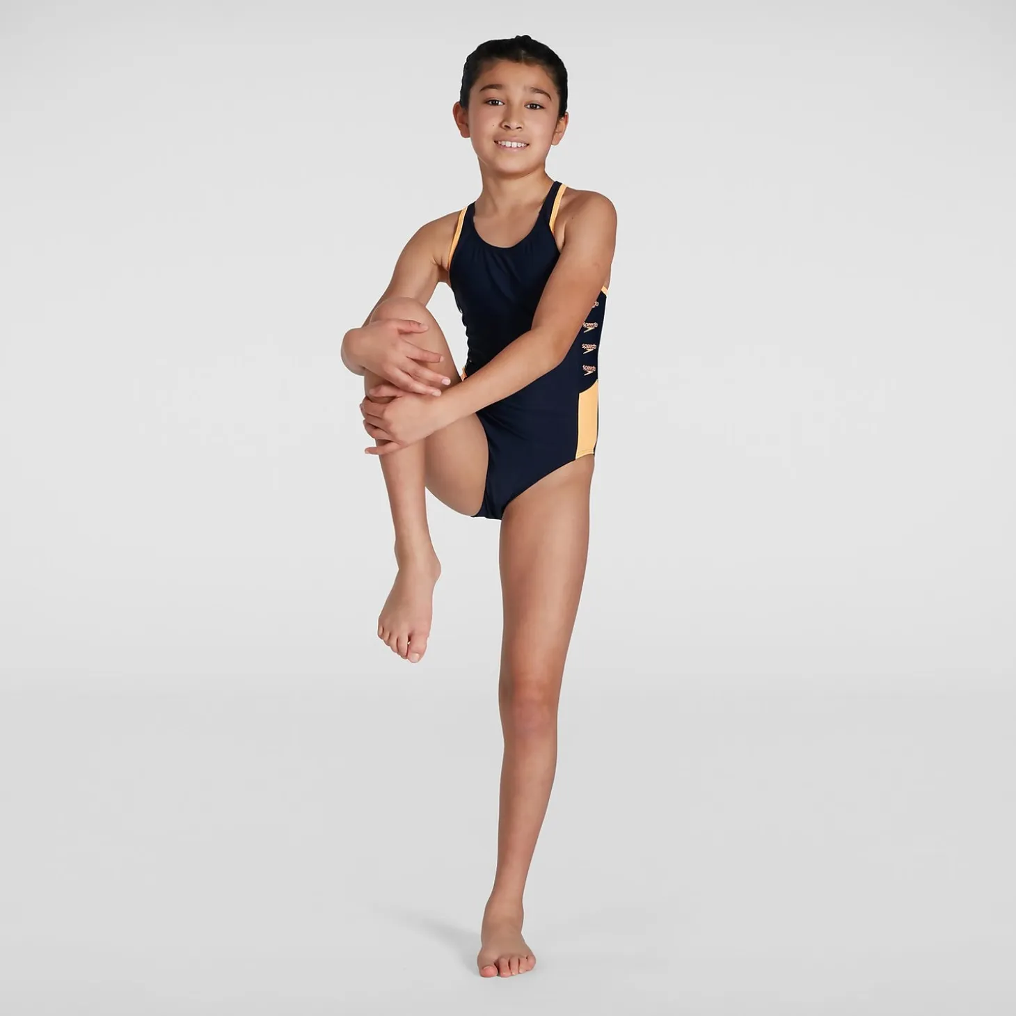 Girls' Boom Logo Splice Muscleback Swimsuit Blue/Orange