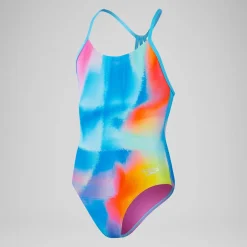 Girls' Club Training Allover Lane Line Back Swimsuit Pink/Yellow