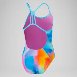 Girls' Club Training Allover Lane Line Back Swimsuit Pink/Yellow