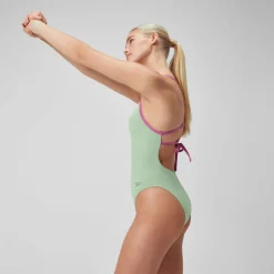 Women's Club Training Solid Lattice Tie Back Swimsuit Green