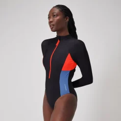Women's Colourblock Long Sleeve Zip Swimsuit Black/Red