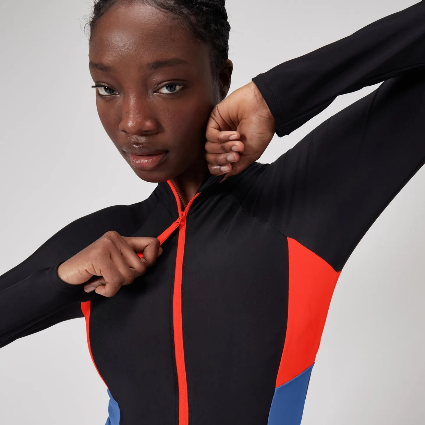 Women's Colourblock Long Sleeve Zip Swimsuit Black/Red