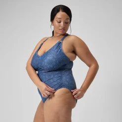 Women's Plus Size Shaping Printed V Neck Swimsuit Navy/Blue