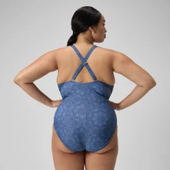 Women's Plus Size Shaping Printed V Neck Swimsuit Navy/Blue