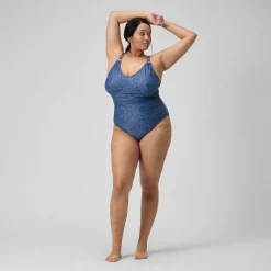 Women's Plus Size Shaping Printed V Neck Swimsuit Navy/Blue
