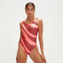 Women's Printed Deep U-Back Swimsuit Oxblood/Coral