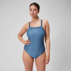 Women's Shaping Printed Square Neck Swimsuit Navy/Blue