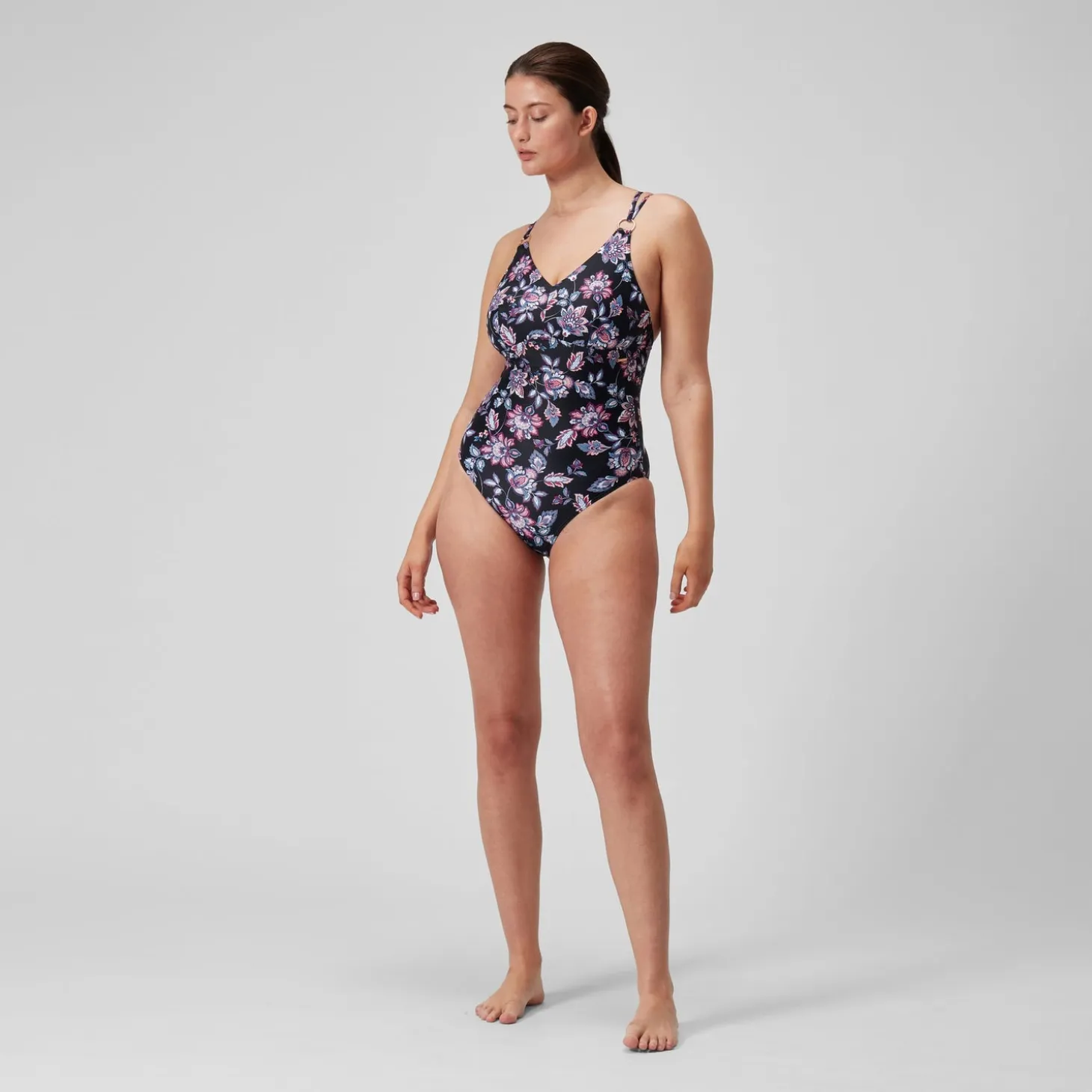 Women's Shaping Printed Strappy Swimsuit Black/Purple