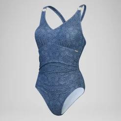 Women's Shaping Printed V Neck Swimsuit Navy/Blue