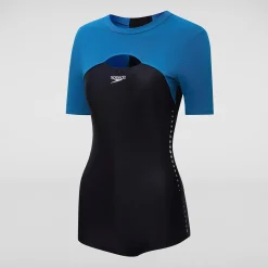 Women's Short Sleeved Low Leg Swimsuit Black/Blue