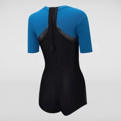 Women's Short Sleeved Low Leg Swimsuit Black/Blue