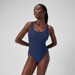 Women's Solid Scoop with Mesh Swimsuit Blue
